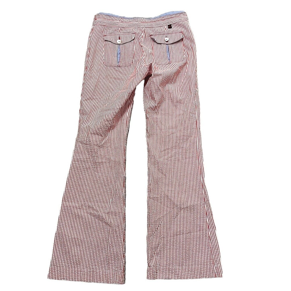 WORLD Designer Flare Pants 6 Seersucker Red White Stripe Flap Pocket 100% Cotton